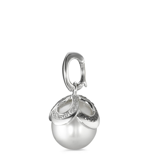 Pendentif Or blanc 18K Diamant noir, 0.28 ct, 46 Pierres, brillant, tw-vsi perle d'eau douce blanc, 12 mm Ø14 mm