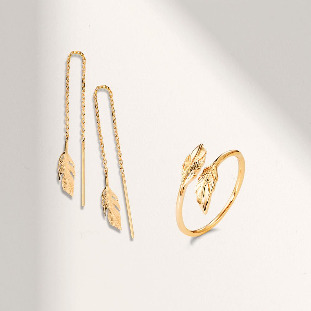 Boucles d'oreilles pendantes Bronze jaune Plaqué or Plume