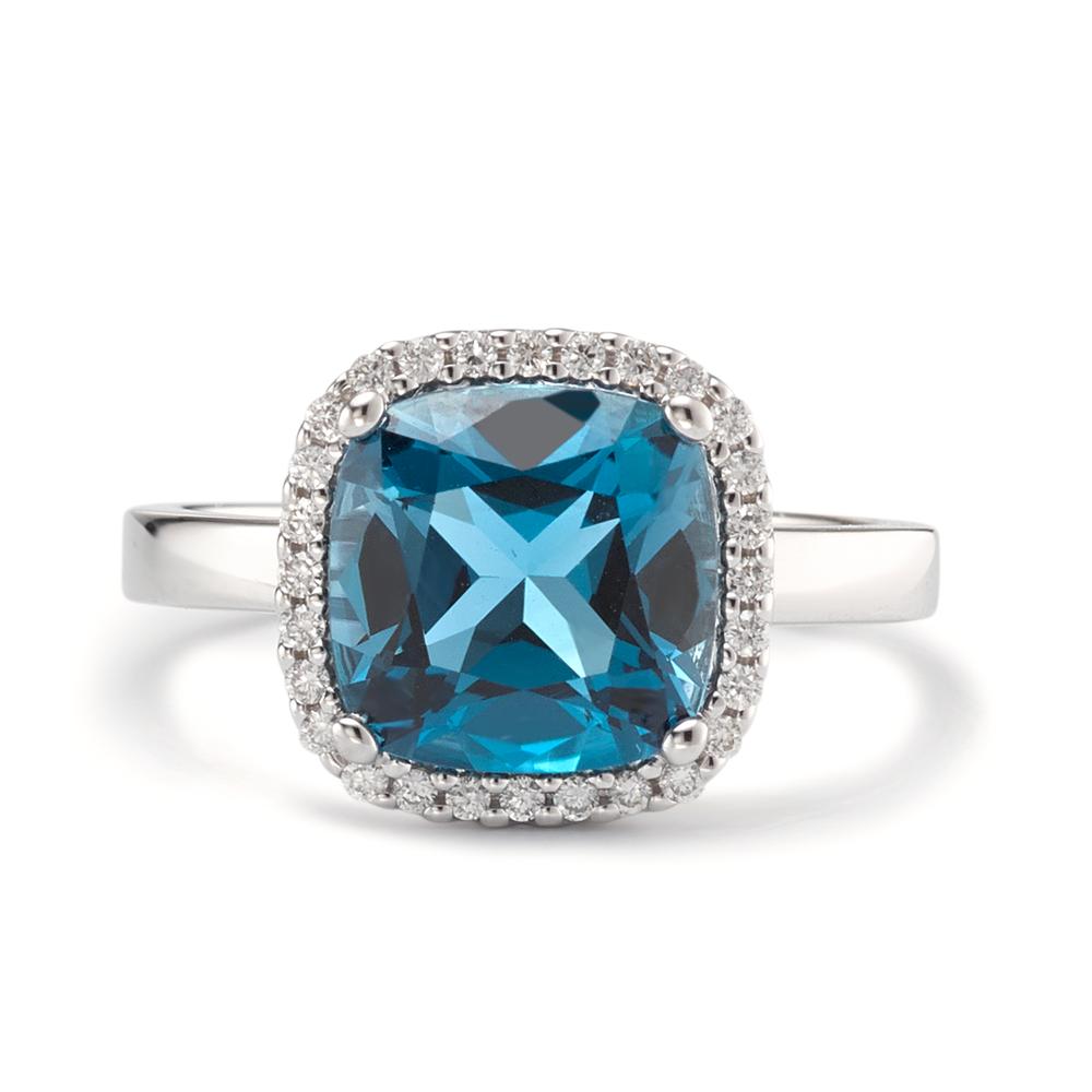 Bague Or blanc 18K Topaze London Blue, Diamant 0.14 ct, 28 Pierres, brillant, w-si