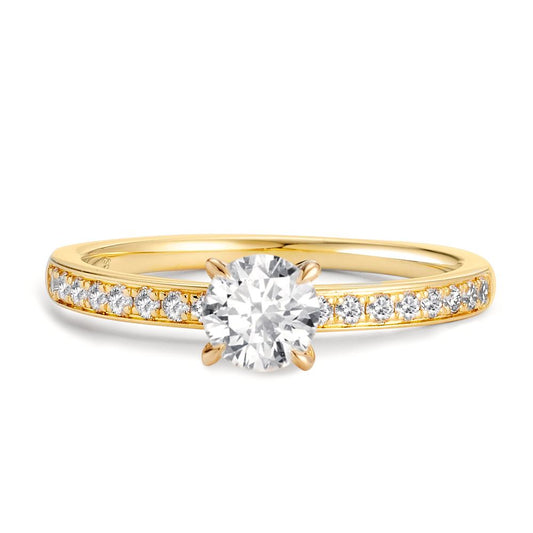 Solitär Ring 750/18 K Gelbgold Diamant 0.47 ct, Brillantschliff, w-si, Diamant 0.18 ct, 18 Steine, Brillantschliff, w-si
