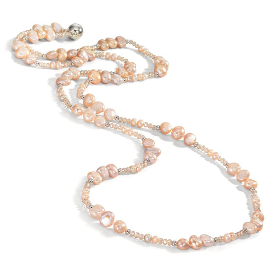 Collier Acier inoxydable Cristal rose perle d'eau douce rose 90 cm