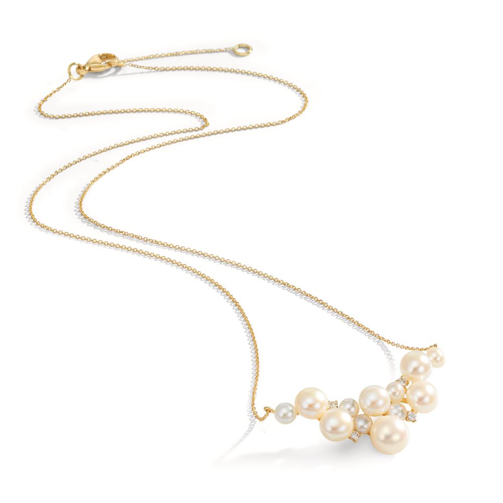 Collier Or jaune 18K Diamant 0.08 ct, 4 Pierres, w-si perle d'eau douce, 12 Perles 3.5-6.5 mm 42-45 cm