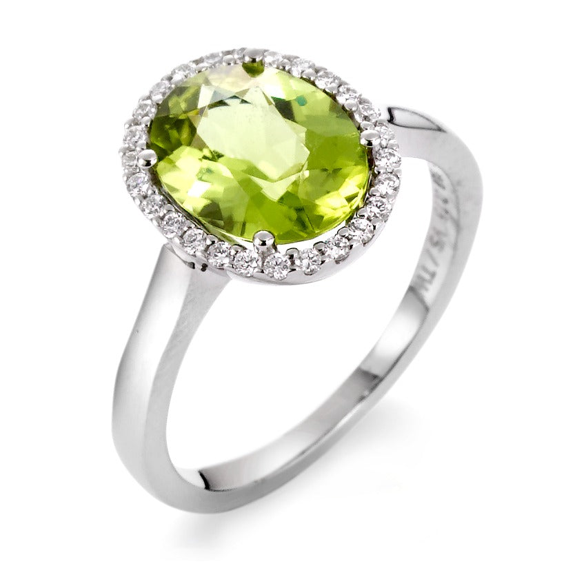 Ring 750/18K witgoud Peridoot groente, Diamant 0.15 ct, 26 Steen, tw-vsi