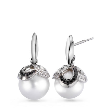 Pendant d'oreilles Or blanc 18K Diamant noir, 0.32 ct, 80 Pierres, brillant, tw-vsi perle d'eau douce blanc, 2 Perles, 10 mm
