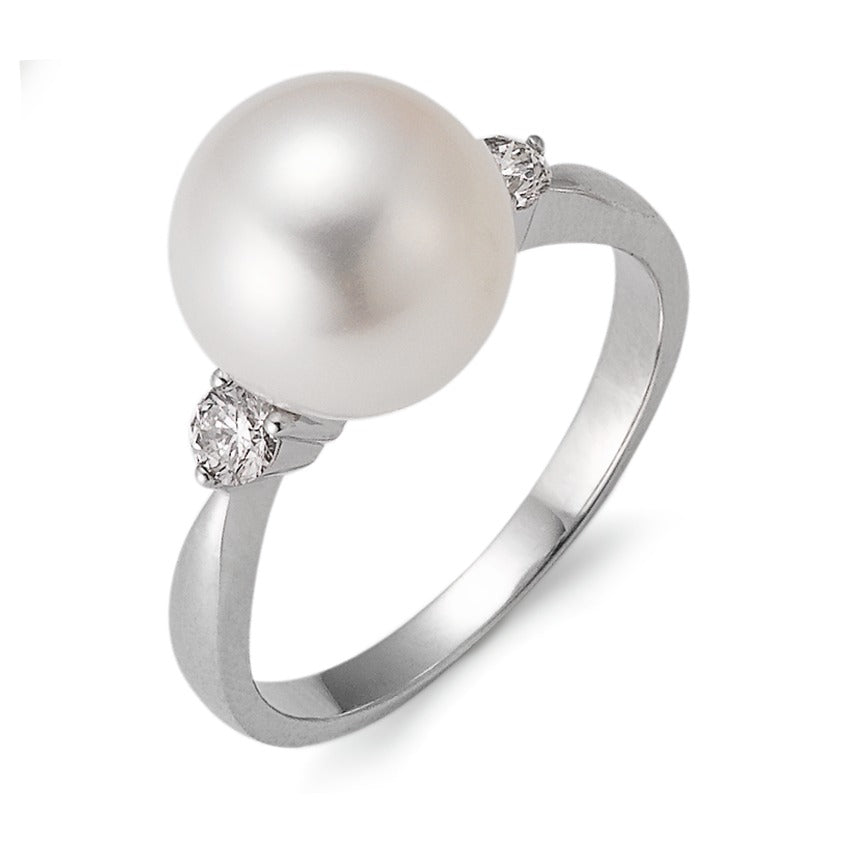 Fingerring 750/18 K Weissgold Diamant 0.24 ct, 2 Steine, w-si Süsswasserzuchtperle weiss, 10 mm