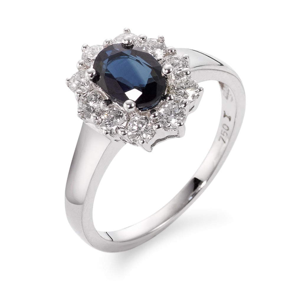 Fingerring 750/18 K Weissgold Saphir blau, 0.88 ct, Diamant 0.555 ct, 10 Steine, w-si