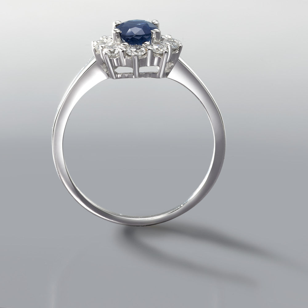 Fingerring 750/18 K Weissgold Saphir blau, 0.88 ct, Diamant 0.555 ct, 10 Steine, w-si