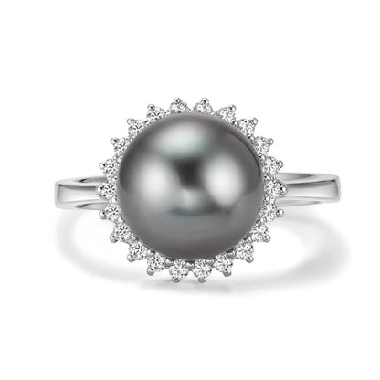 Bague Or blanc 18K Diamant 0.27 ct, 22 Pierres, w-si perle de Tahiti gris, 10 mm