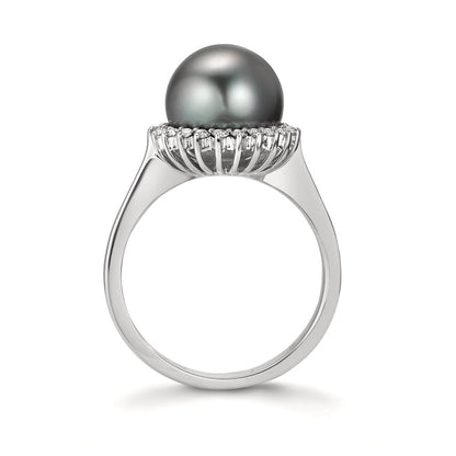 Bague Or blanc 18K Diamant 0.27 ct, 22 Pierres, w-si perle de Tahiti gris, 10 mm