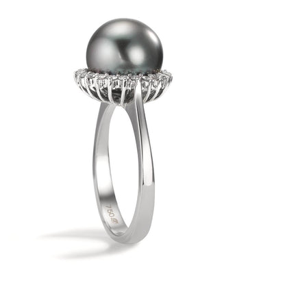 Bague Or blanc 18K Diamant 0.27 ct, 22 Pierres, w-si perle de Tahiti gris, 10 mm
