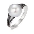Bague Or blanc 18K Diamant noir, 0.19 ct, 48 Pierres, octogonal perle d'eau douce, 10.5 mm