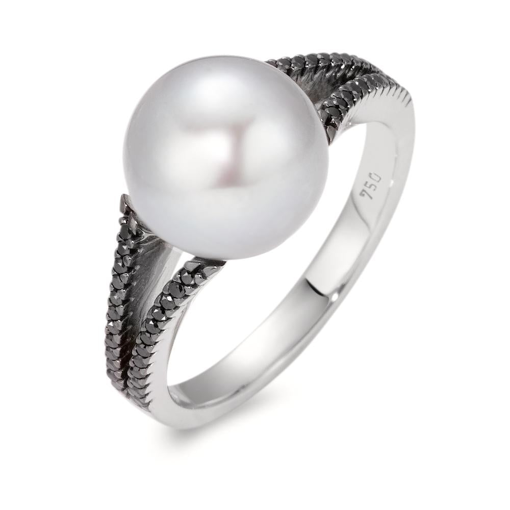 Bague Or blanc 18K Diamant noir, 0.19 ct, 48 Pierres, octogonal perle d'eau douce, 10.5 mm