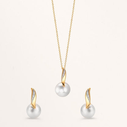 Collier met hanger 750/18K geel goud, 750/18K witgoud Diamant wit, 0.01 ct, 2 Steen, [Brillant], w-si zoetwater Parel wit, 10 mm 40-42 cm