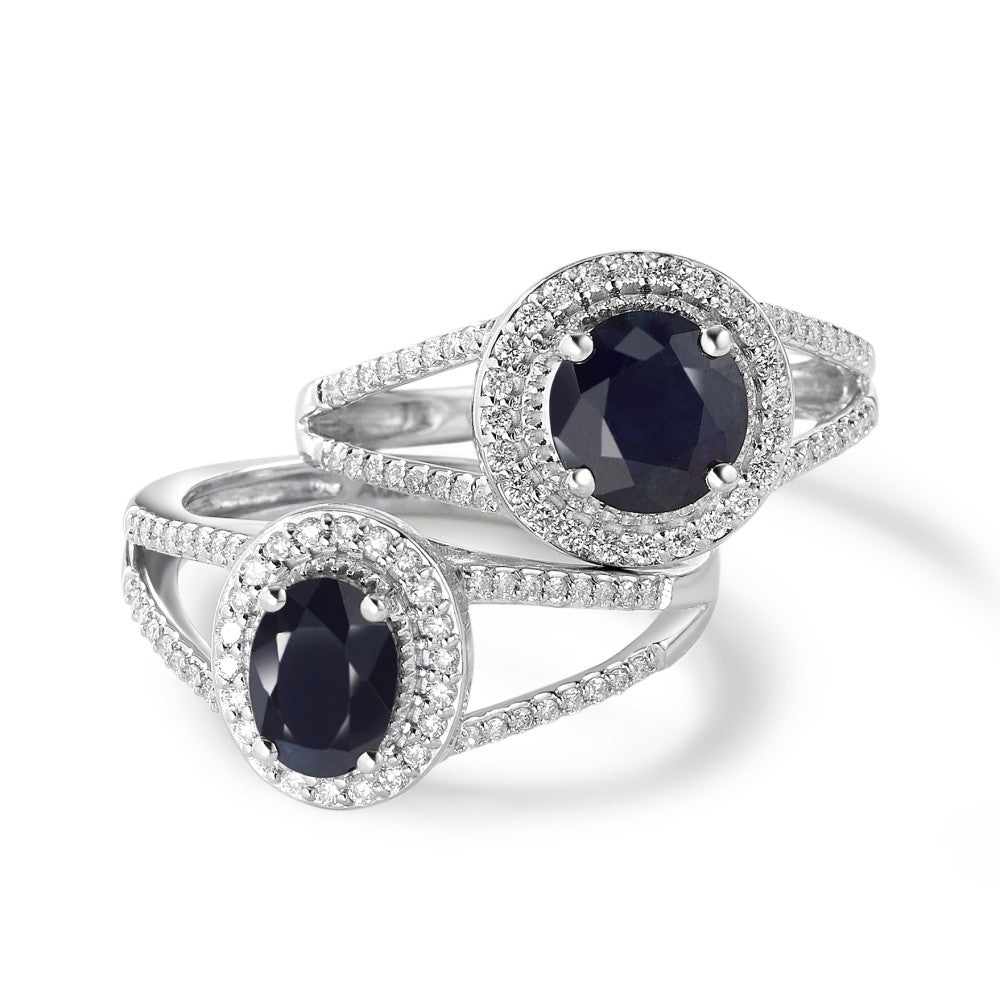 Ring 375/9K witgoud Saffier blauw, 1.76 ct, [rund], AAA, Diamant wit, 0.23 ct, 12 Steen, w-pi3