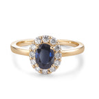 Fingerring 750/18 K Gelbgold Saphir 0.94 ct, Diamant 0.40 ct, 12 Steine, Brillantschliff, w-si