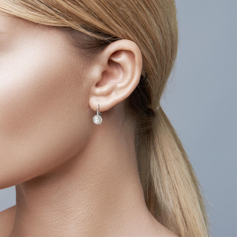 Pendant d'oreilles Or blanc 18K Diamant 0.36 ct, w-si perle d'eau douce blanc, 8 mm
