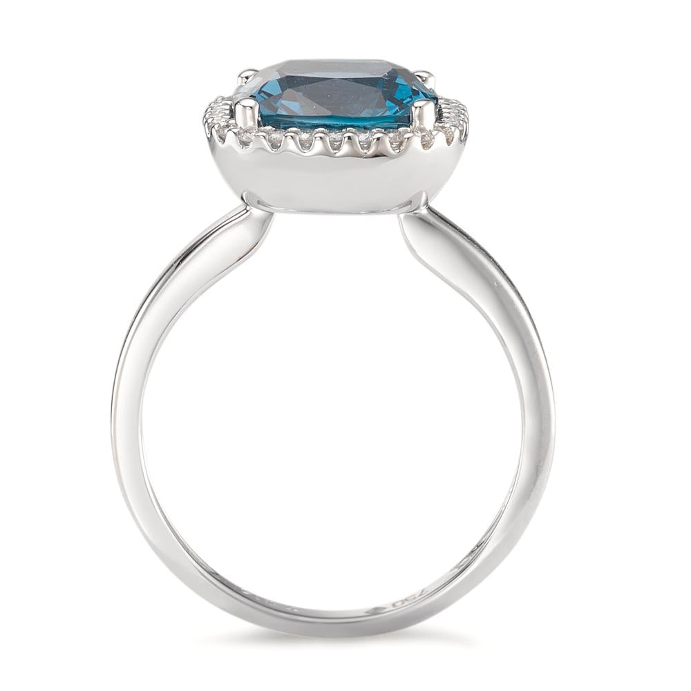 Fingerring 750/18 K Weissgold London Blue Topas, Diamant 0.14 ct, 28 Steine, Brillantschliff, w-si