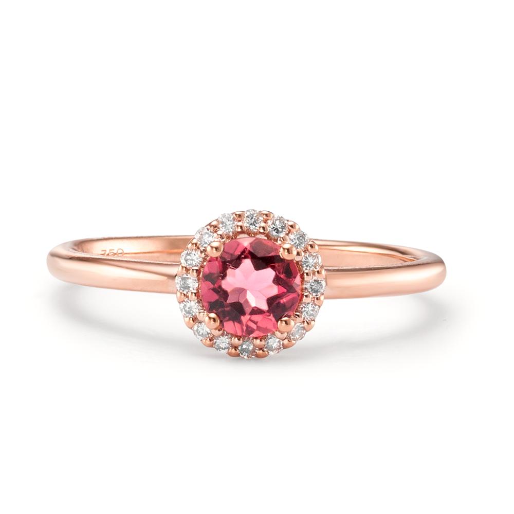 Fingerring 750/18 K Rotgold Turmalin, Diamant 0.11 ct, 16 Steine, Brillantschliff, w-si