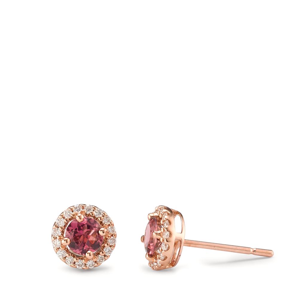 Oorknoppen 750/18K rood goud Toermalijn 2 Steen, Diamant 0.12 ct, 16 Steen, [Brillant], w-si Ø6.5 mm