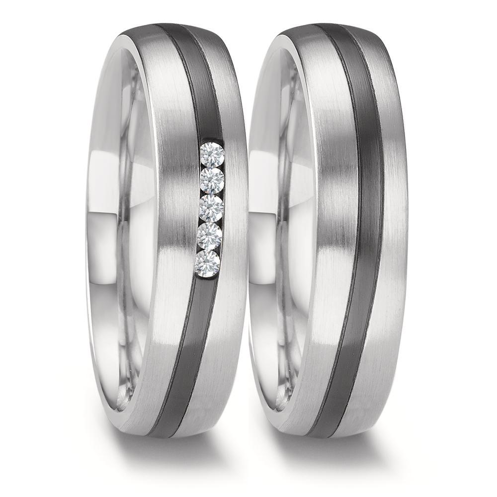 Partnerring 585/14K witgoud, Zirkonium Diamant 0.075 ct, 5 Steen, w-si