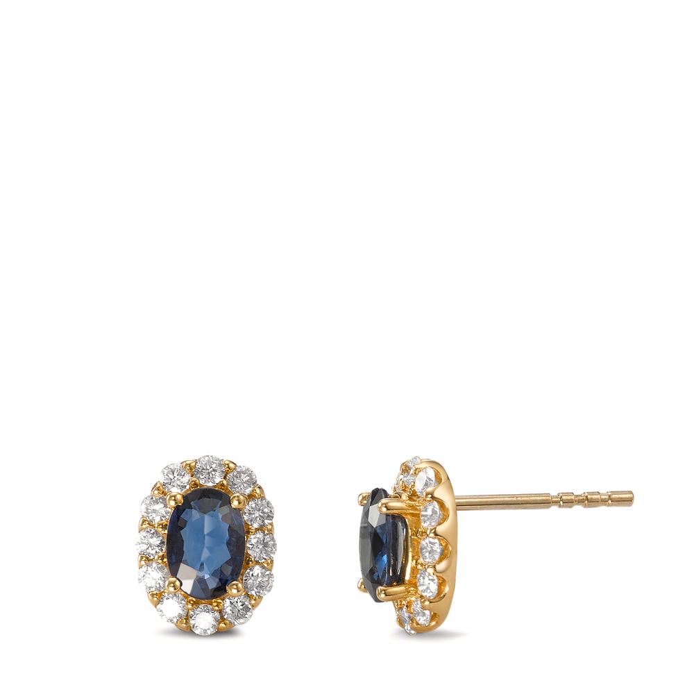 Ohrstecker 750/18 K Gelbgold Saphir 2 Steine, Diamant 0.44 ct, 24 Steine, Brillantschliff, w-si
