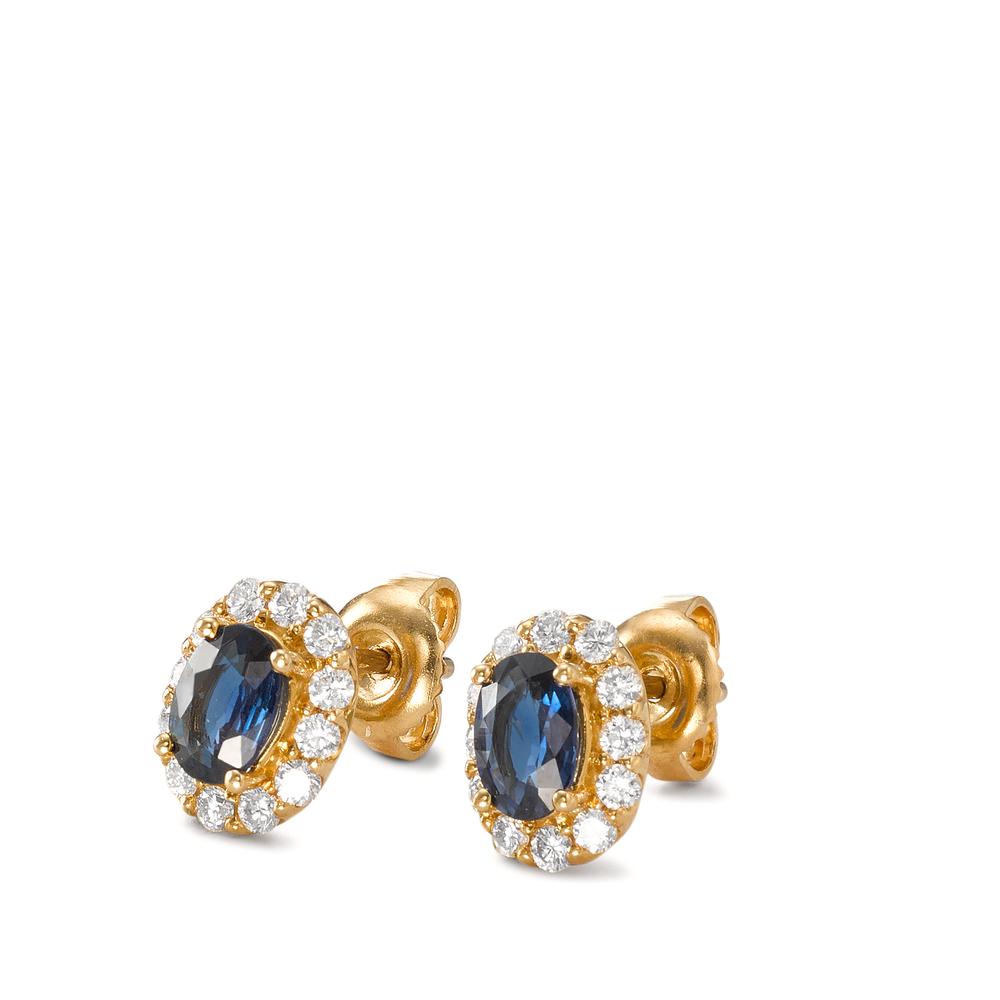Ohrstecker 750/18 K Gelbgold Saphir 2 Steine, Diamant 0.44 ct, 24 Steine, Brillantschliff, w-si