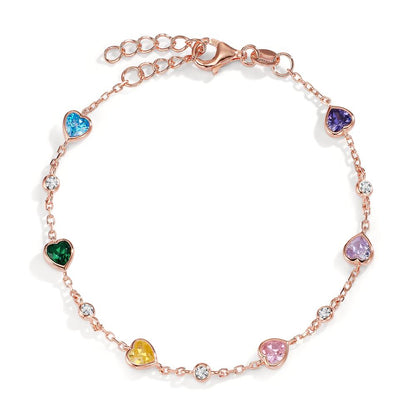 Armband Silber Zirkonia bunt, 11 Steine rosé vergoldet Herz verstellbar