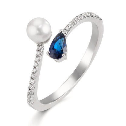 Bague Or blanc 18K Diamant 0.105 ct, w-si, Saphir perle Akoya 3.5-4 mm