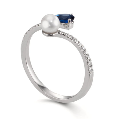 Bague Or blanc 18K Diamant 0.105 ct, w-si, Saphir perle Akoya 3.5-4 mm