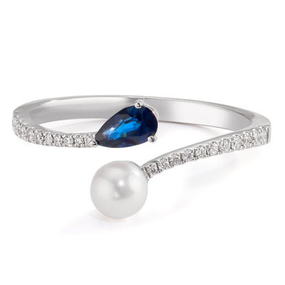 Bague Or blanc 18K Diamant 0.105 ct, w-si, Saphir perle Akoya 3.5-4 mm