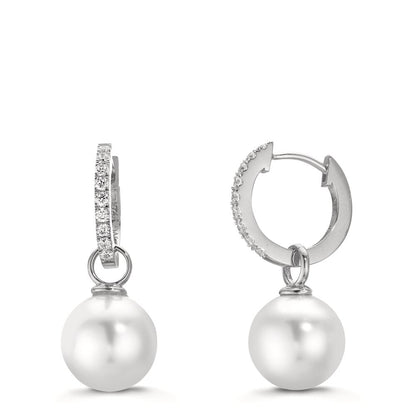 Scharnier oorringen creolen Zilver Zirkonia 18 Steen Gerhodineerd [shining Pearls], 2 Parels, 10 mm