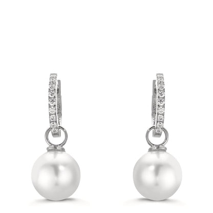 Scharnier oorringen creolen Zilver Zirkonia 18 Steen Gerhodineerd [shining Pearls], 2 Parels, 10 mm