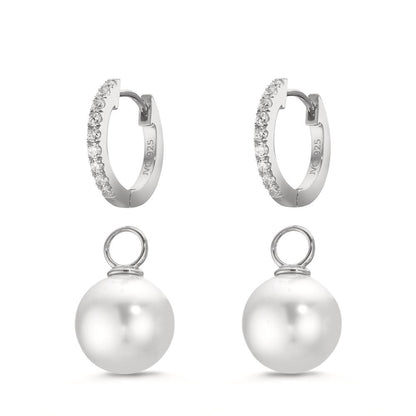 Scharnier oorringen creolen Zilver Zirkonia 18 Steen Gerhodineerd [shining Pearls], 2 Parels, 10 mm