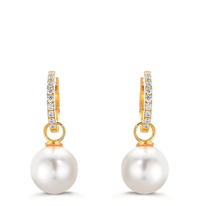 Scharnier oorringen creolen Zilver Zirkonia 18 Steen Geel Verguld [shining Pearls], 2 Parels, 10 mm