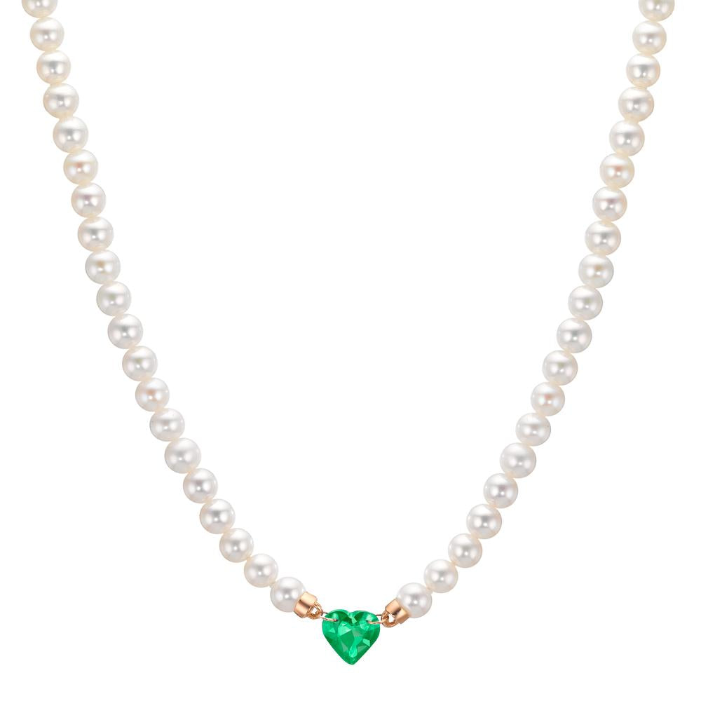 Collier Or rouge 18K Emeraude synthétique perle d'eau douce, 3.5 mm Coeur 40-44 cm