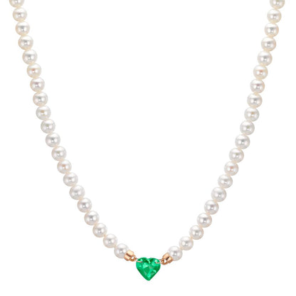 Collier Or rouge 18K Emeraude synthétique perle d'eau douce, 3.5 mm Coeur 40-44 cm