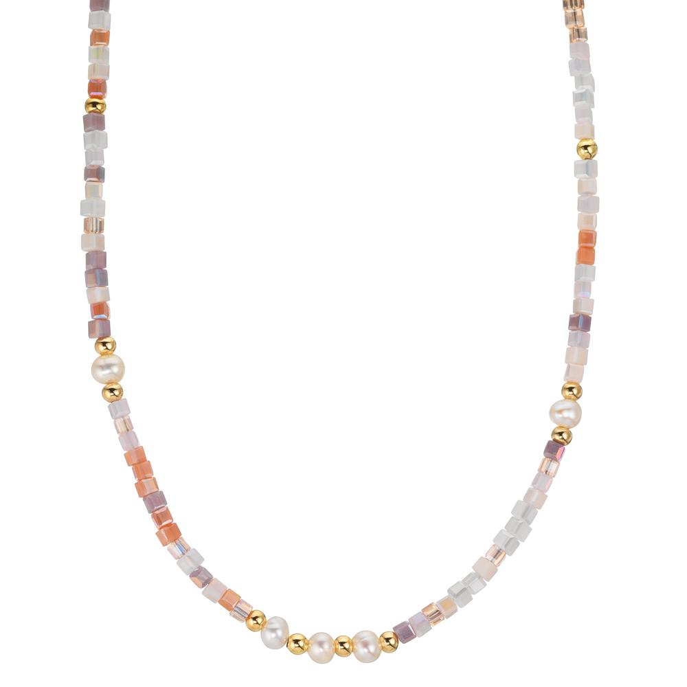 Collier Roestvrijstaal Kristal roze Geel IP-gecoat zoetwater Parel, 5 Parels 4-4.5 mm 43 cm
