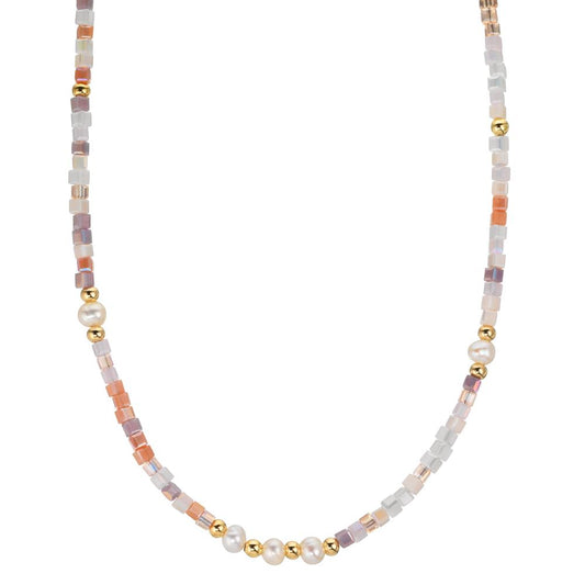 Collier Acier inoxydable Cristal rose jaune PVD perle d'eau douce, 5 Perles 4-4.5 mm 43 cm