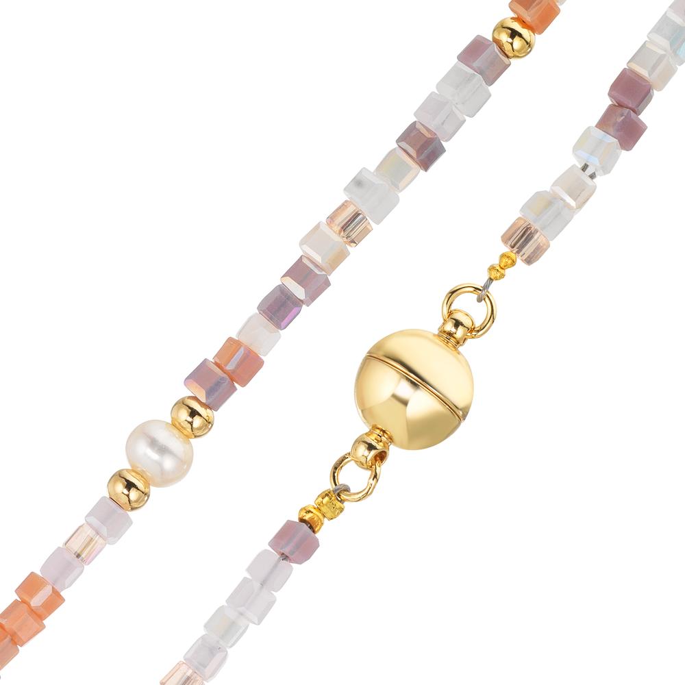 Collier Roestvrijstaal Kristal roze Geel IP-gecoat zoetwater Parel, 5 Parels 4-4.5 mm 43 cm