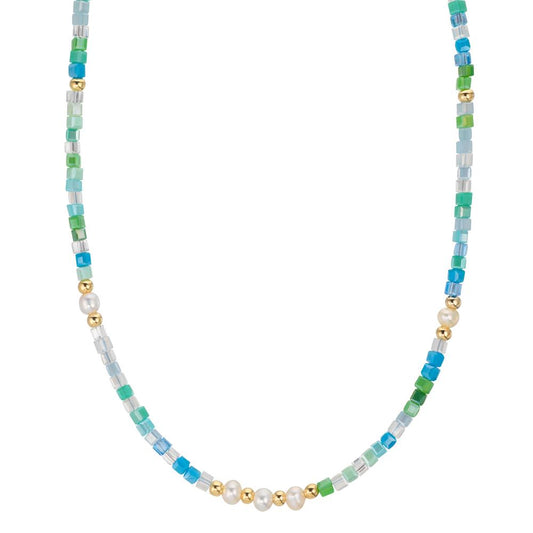 Collier Roestvrijstaal Kristal Geel IP-gecoat zoetwater Parel, 5 Parels, 4.5 mm 43 cm