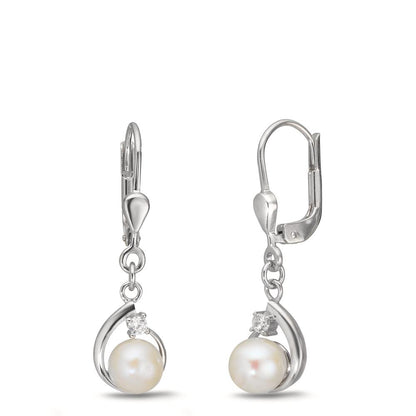 Pendant d'oreilles Argent Zircone 2 Pierres Rhodié perle d'eau douce, 2 Perles, 5.5 mm