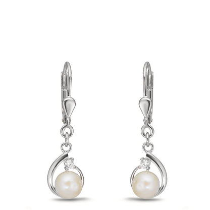 Pendant d'oreilles Argent Zircone 2 Pierres Rhodié perle d'eau douce, 2 Perles, 5.5 mm