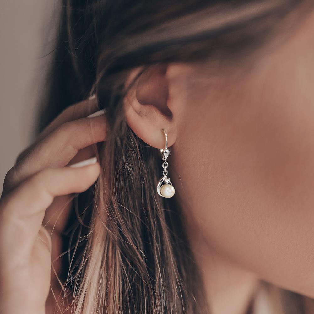 Ohrhänger Silber Zirkonia 2 Steine rhodiniert Süsswasserzuchtperle, 2 Perlen, 5.5 mm