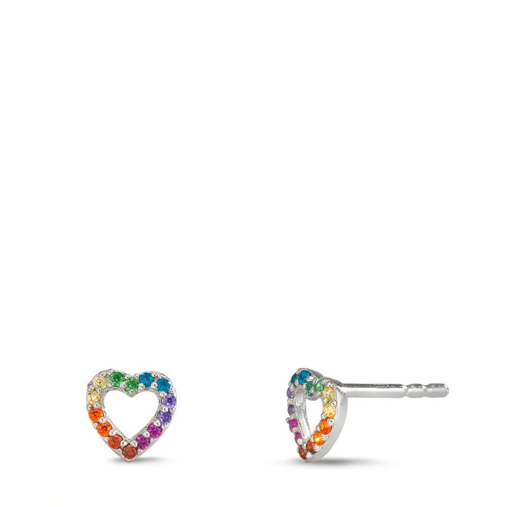 Oorknoppen Zilver Zirkonia regenboog gekleurd Gerhodineerd Hart Ø6 mm
