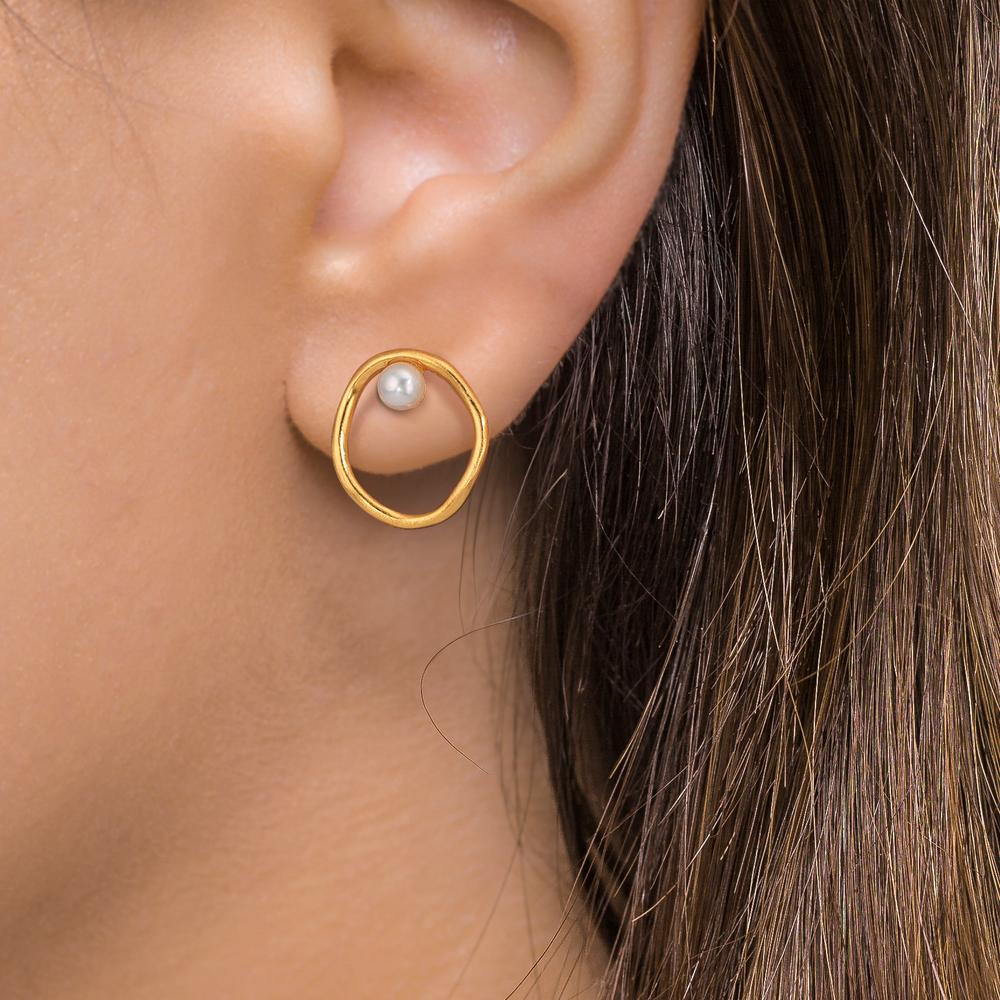 Oorknoppen Zilver Geel Verguld zoetwater Parel wit, 2 Parels, 3 mm Ø11 mm