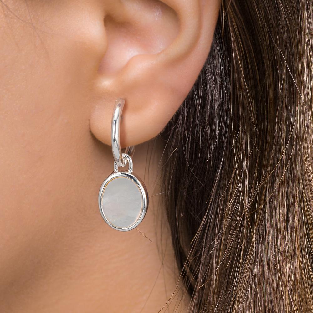 Oorringen creolen met hanger Zilver Parelmoer wit, 2 Parels 9-9.5 mm Ø14 mm