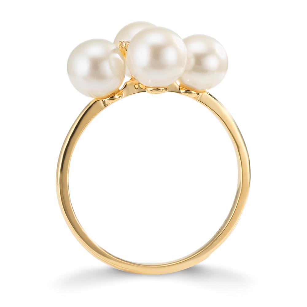 Bague Or jaune 18K Diamant 0.30 ct, 2 Pierres, w-si perle d'eau douce, 4 Perles 5.5-6 mm