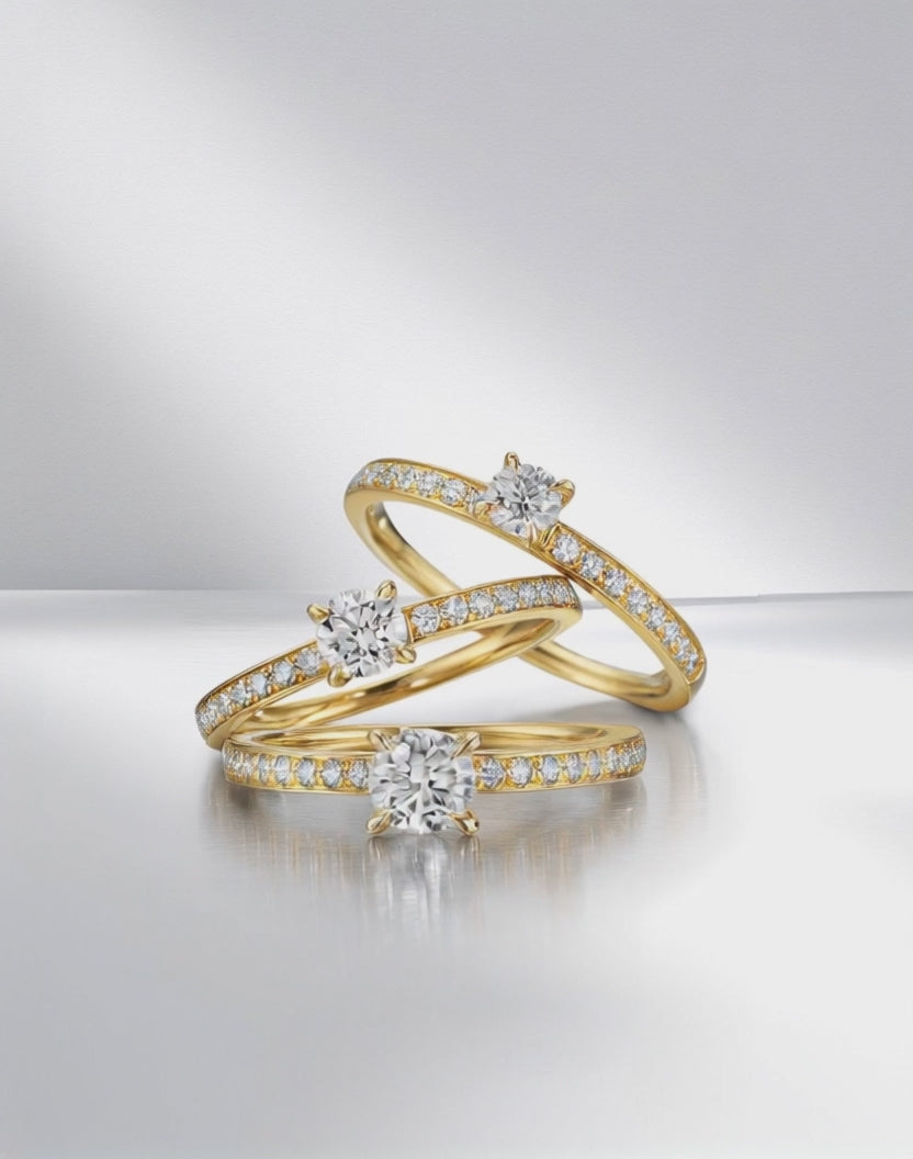 Bague solitaire Or jaune 18K Diamant 0.47 ct, brillant, w-si, Diamant 0.18 ct, 18 Pierres, brillant, w-si