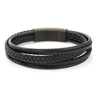 Bracelet Cuir artificiel, Acier inoxydable noir PVD 21-22 cm